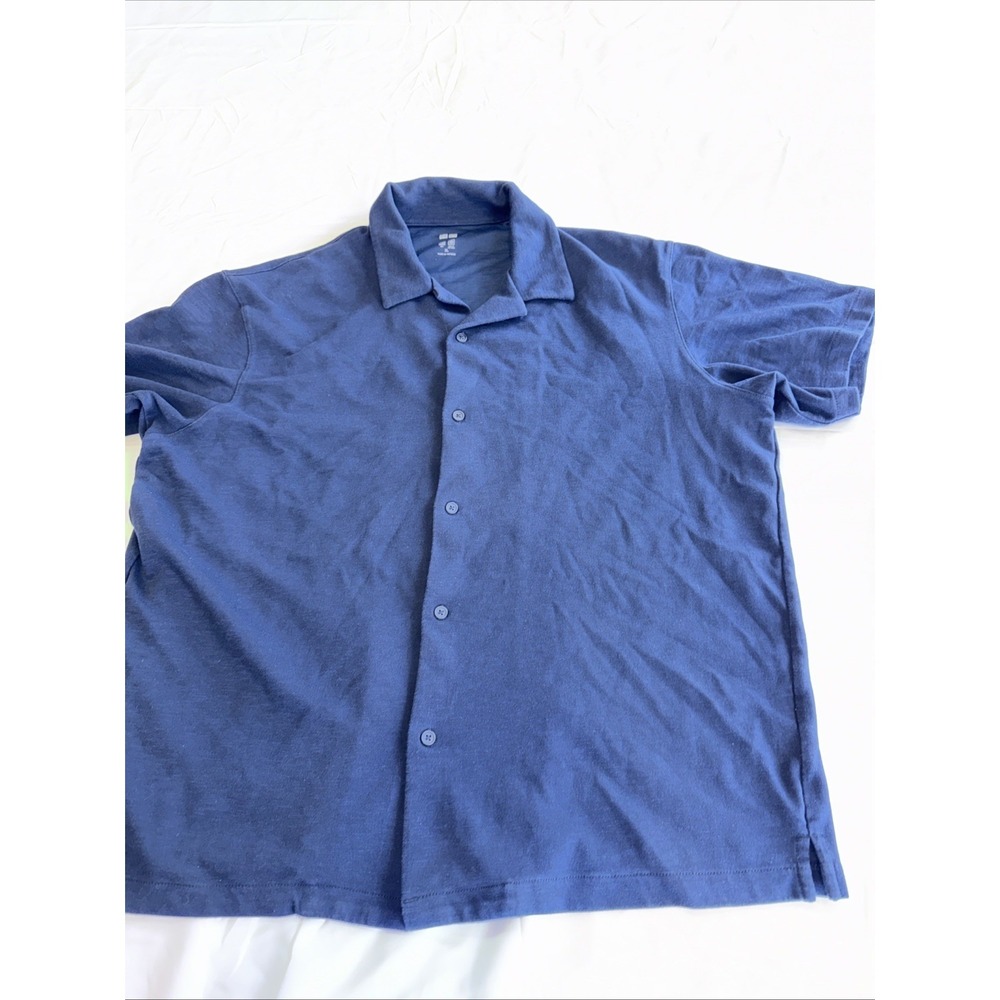 Uniqlo Mens XL Button Shirt Cotton Blend Navy Blue AIRism Stretch